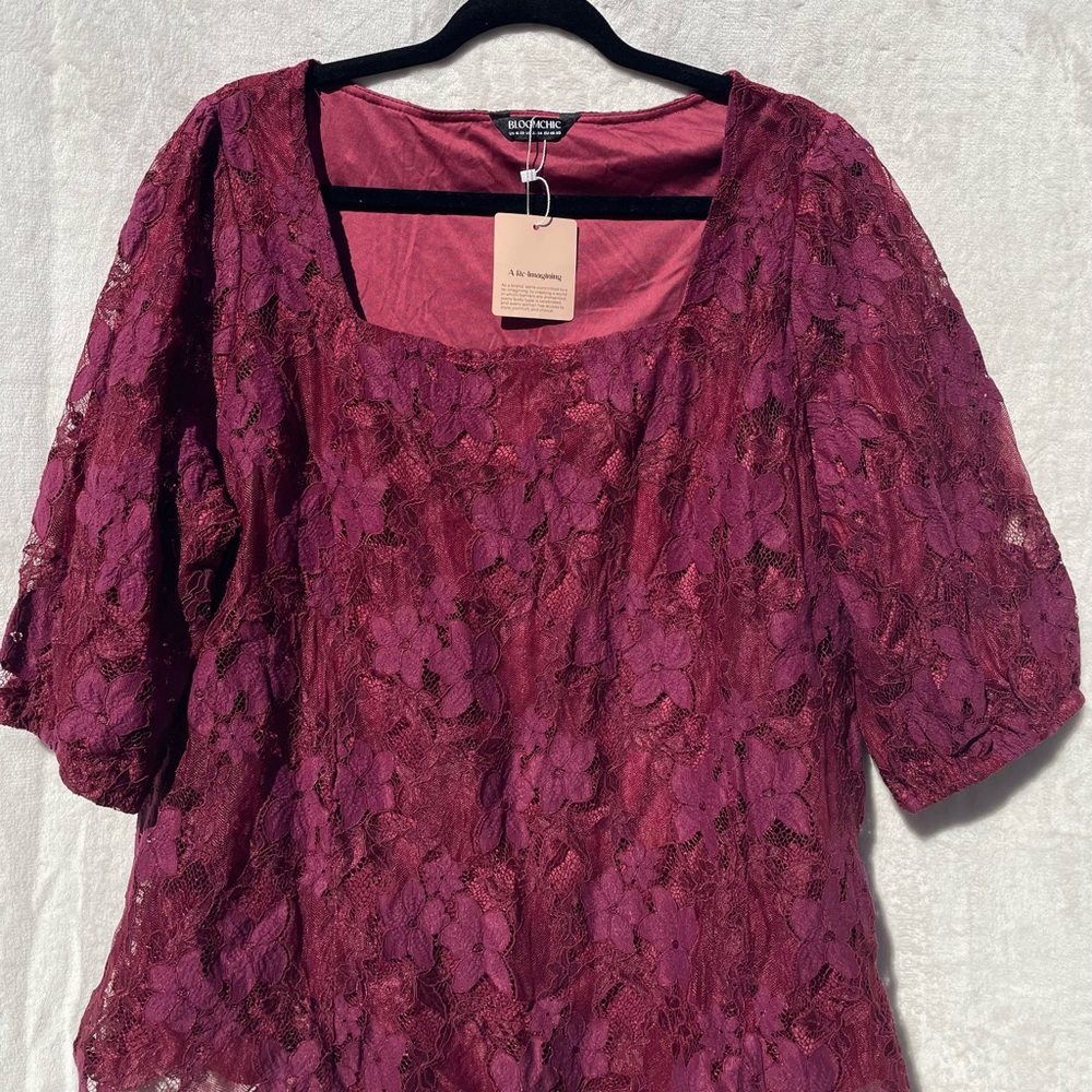 BloomChic Wine Lace Patchwork Blouse | Lantern Sleeve Plus Size Top